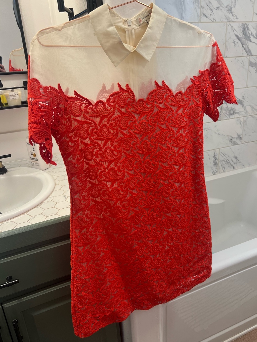 Paul & Joe Sister | Red-Orange Guipure Lace Organza Overlay Mini Dress | M - Picture 3 of 3